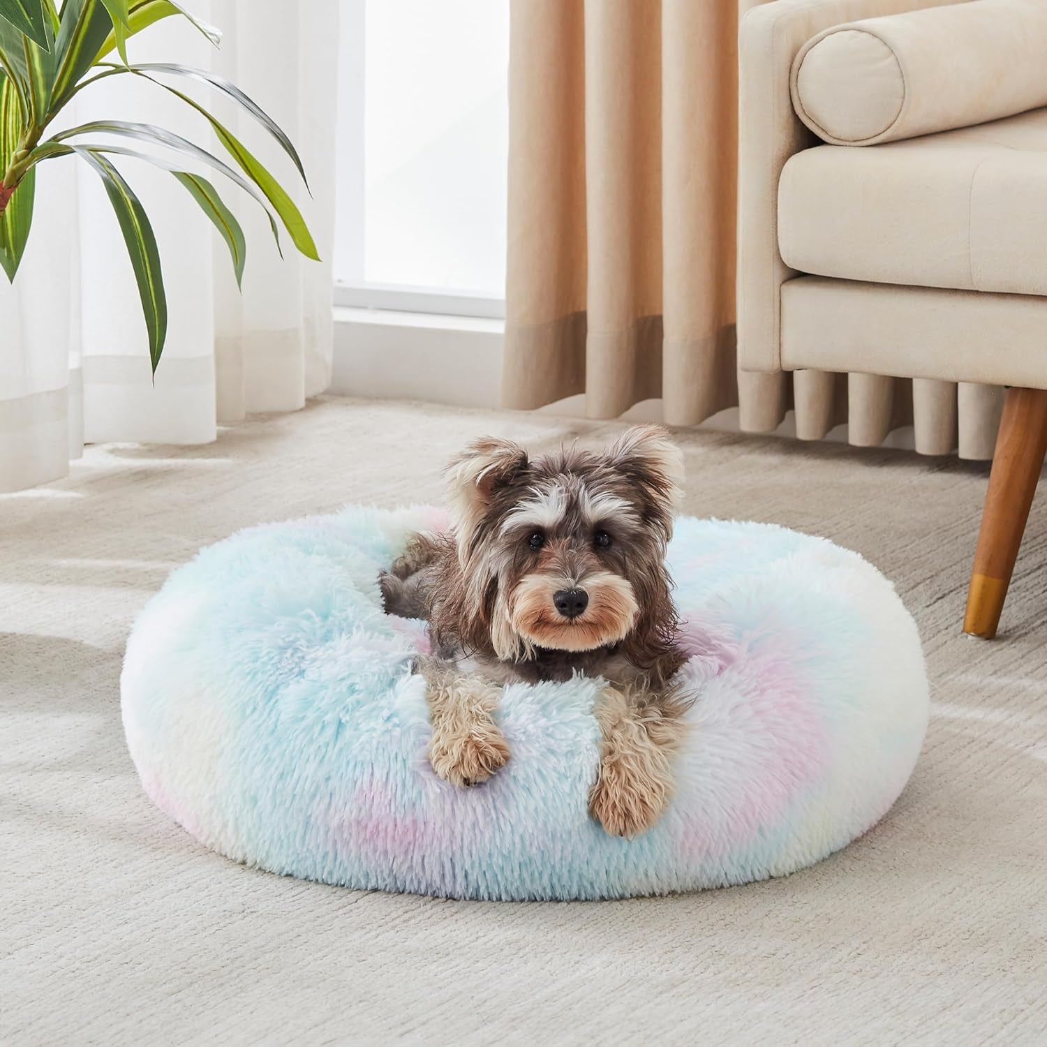 Calming Anti-Anxiety Donut Dog & Cat Bed, Warming Cozy Soft round Cushion, Fluffy Faux Fur Plush Cuddler for Small Medium Dogs and Cats
