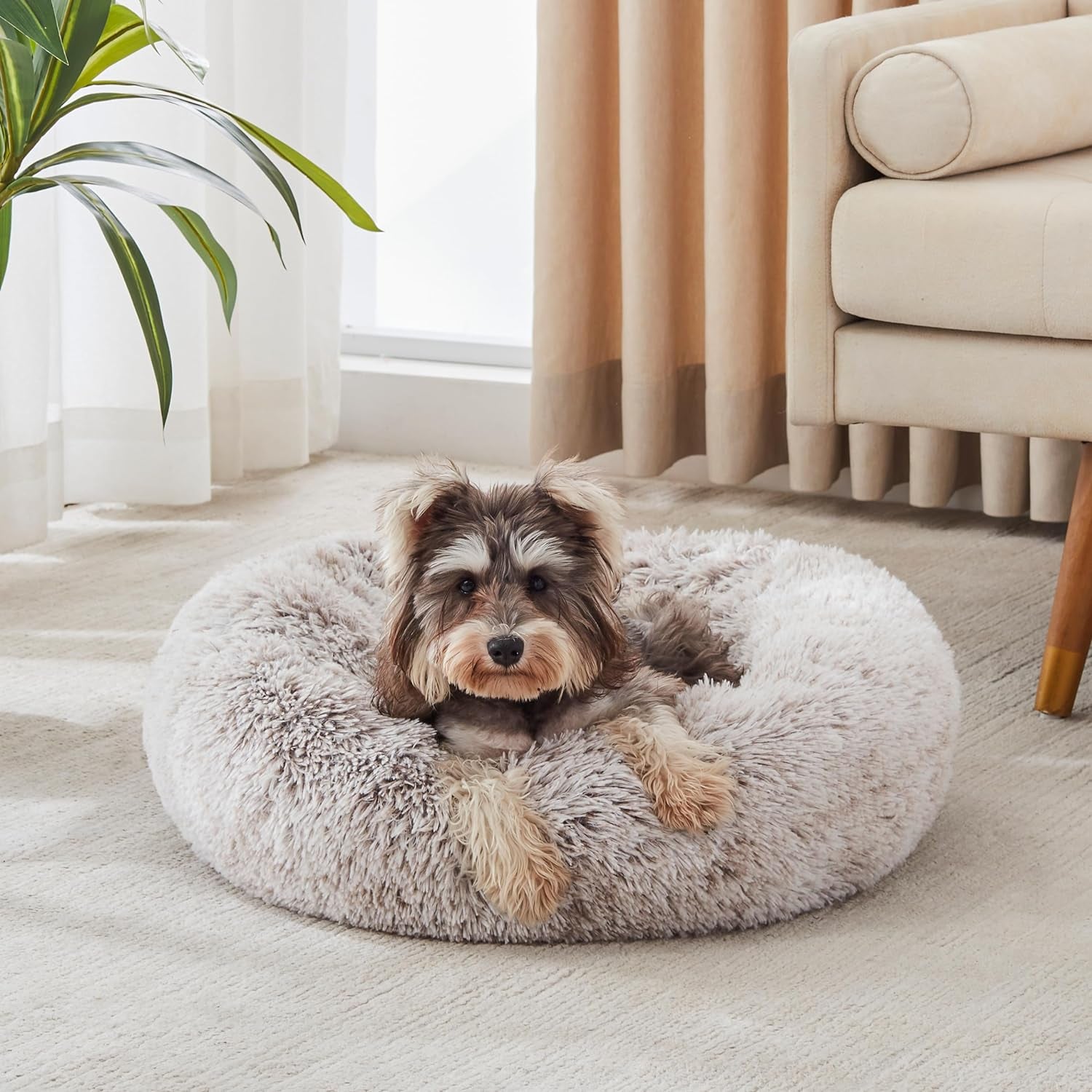 Calming Anti-Anxiety Donut Dog & Cat Bed, Warming Cozy Soft round Cushion, Fluffy Faux Fur Plush Cuddler for Small Medium Dogs and Cats