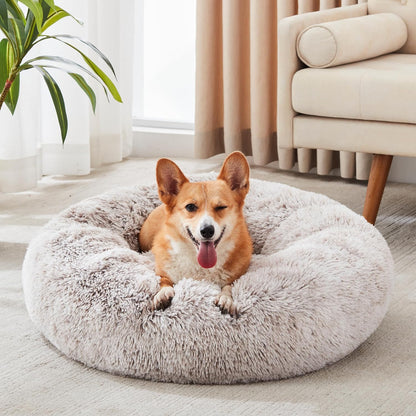 Calming Anti-Anxiety Donut Dog & Cat Bed, Warming Cozy Soft round Cushion, Fluffy Faux Fur Plush Cuddler for Small Medium Dogs and Cats