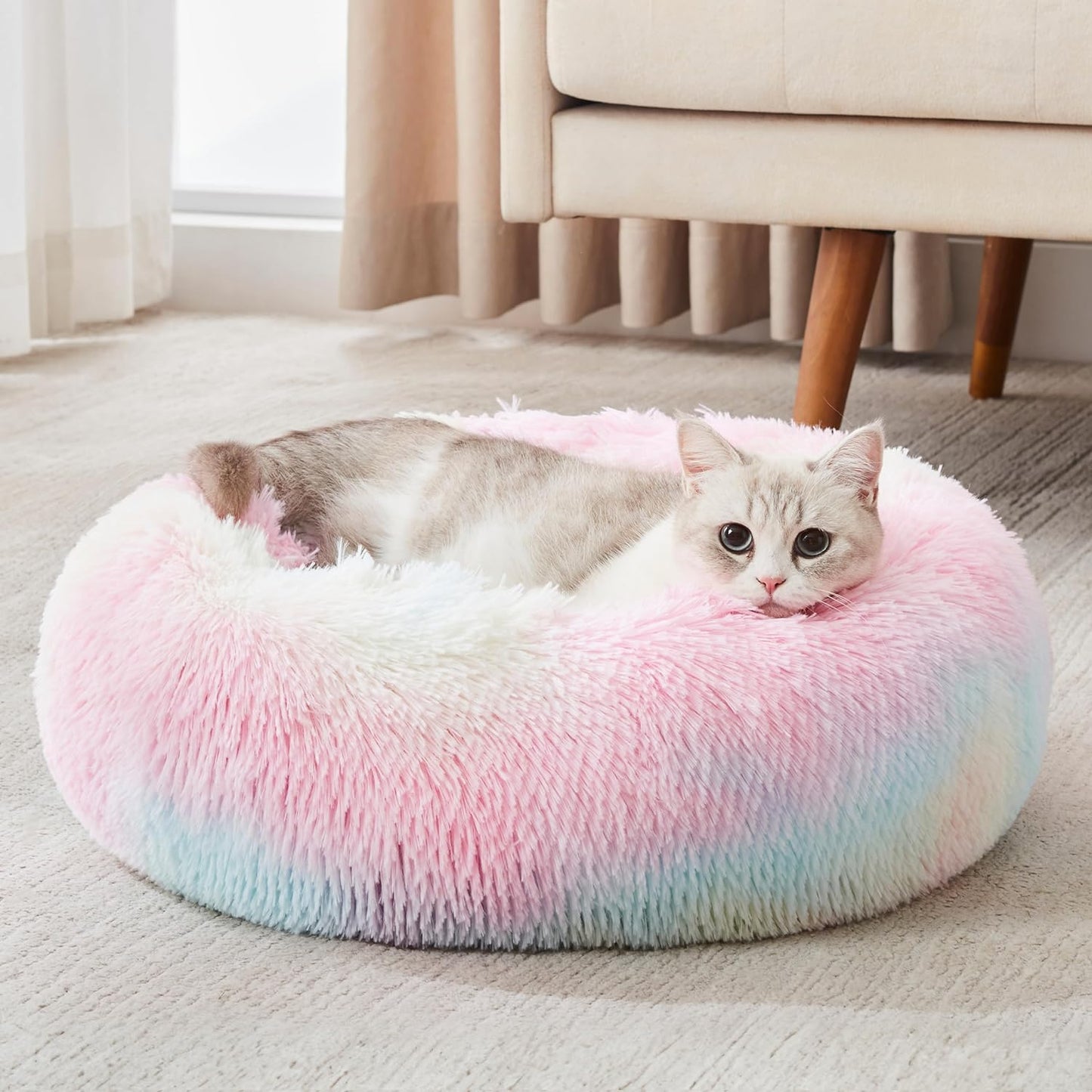Calming Anti-Anxiety Donut Dog & Cat Bed, Warming Cozy Soft round Cushion, Fluffy Faux Fur Plush Cuddler for Small Medium Dogs and Cats