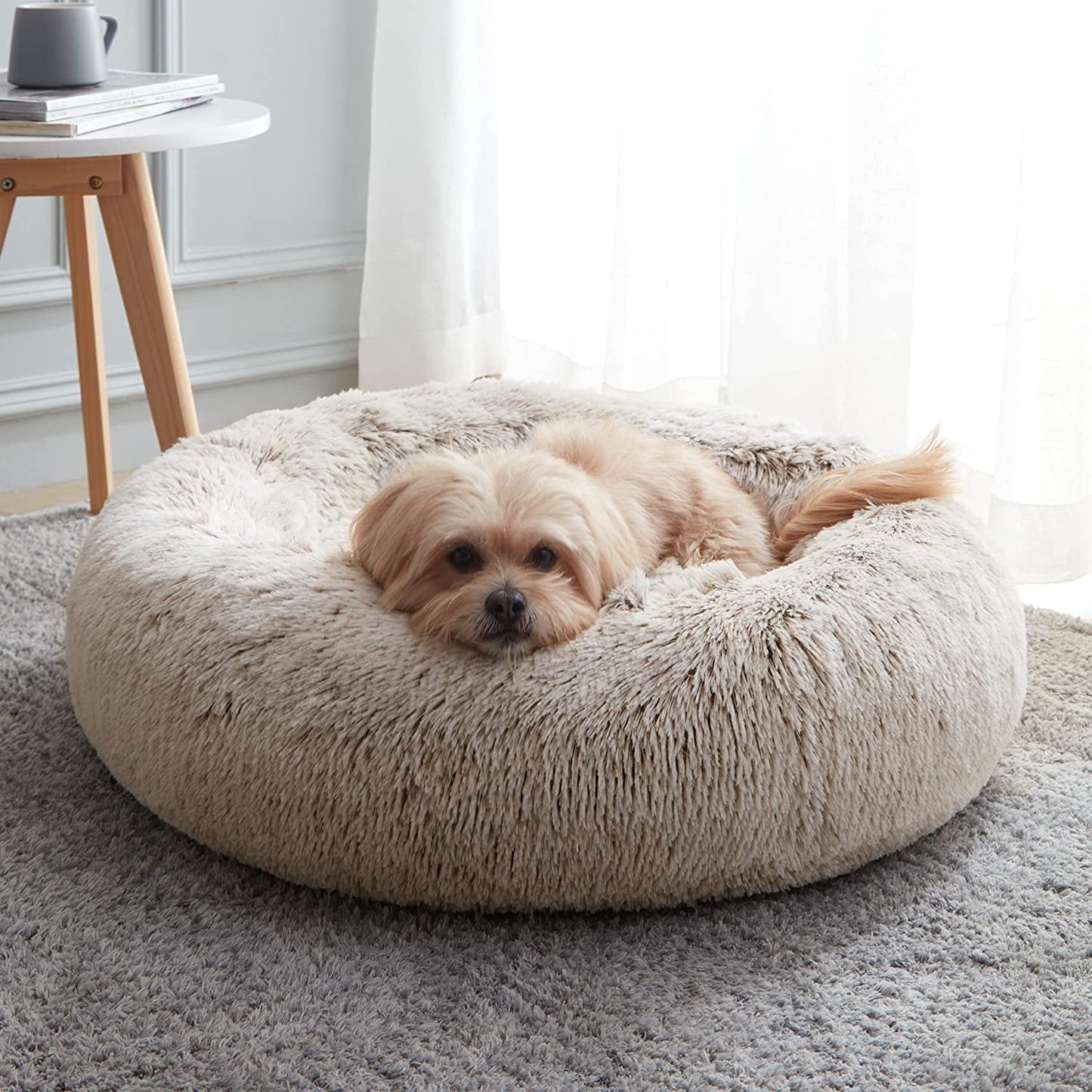 Calming Anti-Anxiety Donut Dog & Cat Bed, Warming Cozy Soft round Cushion, Fluffy Faux Fur Plush Cuddler for Small Medium Dogs and Cats