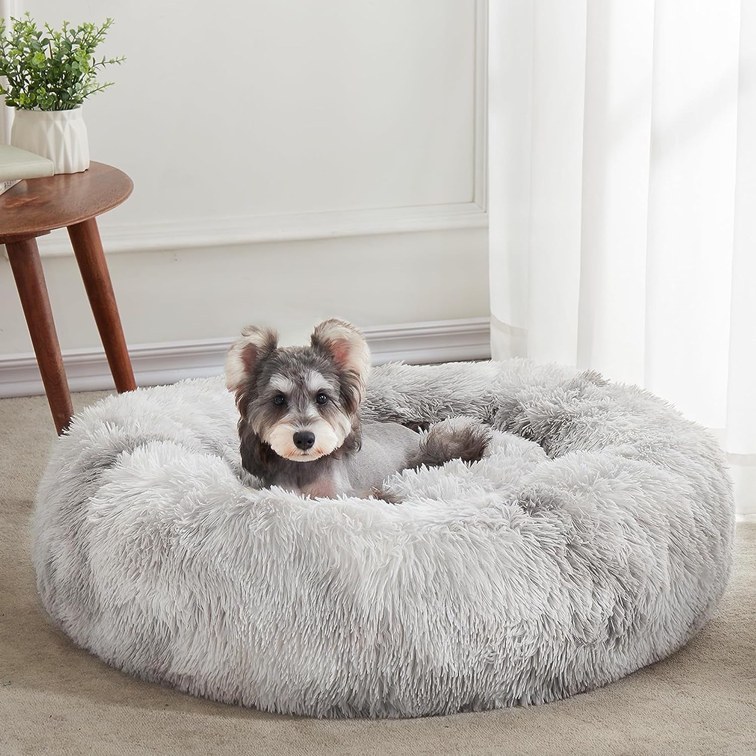 Calming Anti-Anxiety Donut Dog & Cat Bed, Warming Cozy Soft round Cushion, Fluffy Faux Fur Plush Cuddler for Small Medium Dogs and Cats