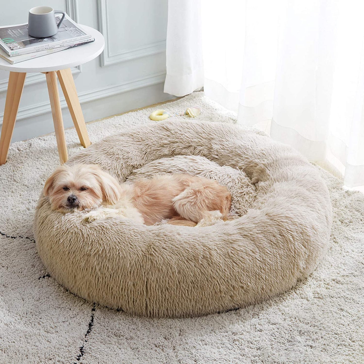 Calming Anti-Anxiety Donut Dog & Cat Bed, Warming Cozy Soft round Cushion, Fluffy Faux Fur Plush Cuddler for Small Medium Dogs and Cats