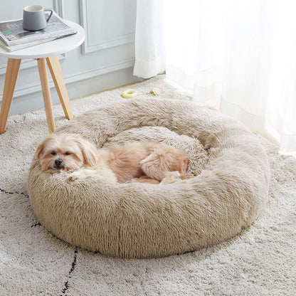Calming Anti-Anxiety Donut Dog & Cat Bed, Warming Cozy Soft round Cushion, Fluffy Faux Fur Plush Cuddler for Small Medium Dogs and Cats