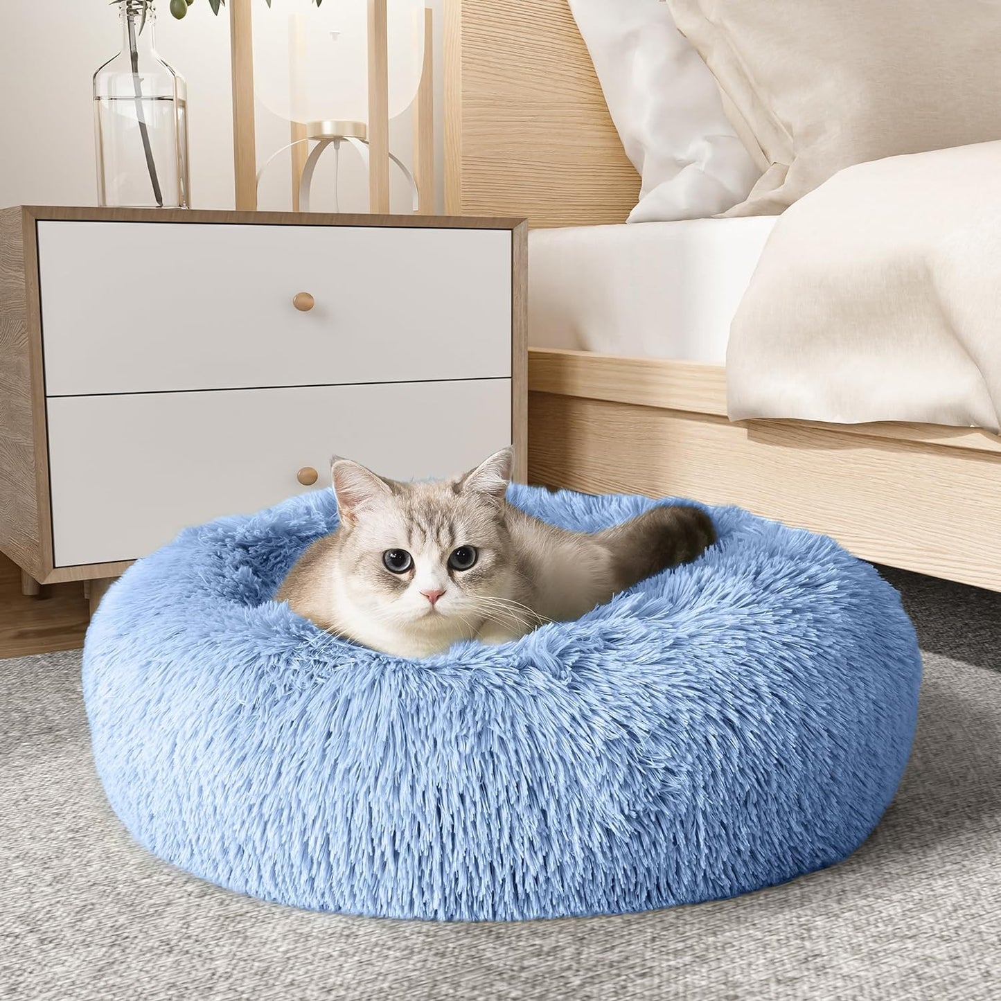 Calming Anti-Anxiety Donut Dog & Cat Bed, Warming Cozy Soft round Cushion, Fluffy Faux Fur Plush Cuddler for Small Medium Dogs and Cats