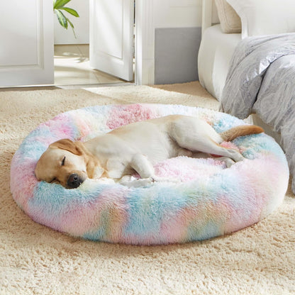 Calming Anti-Anxiety Donut Dog & Cat Bed, Warming Cozy Soft round Cushion, Fluffy Faux Fur Plush Cuddler for Small Medium Dogs and Cats