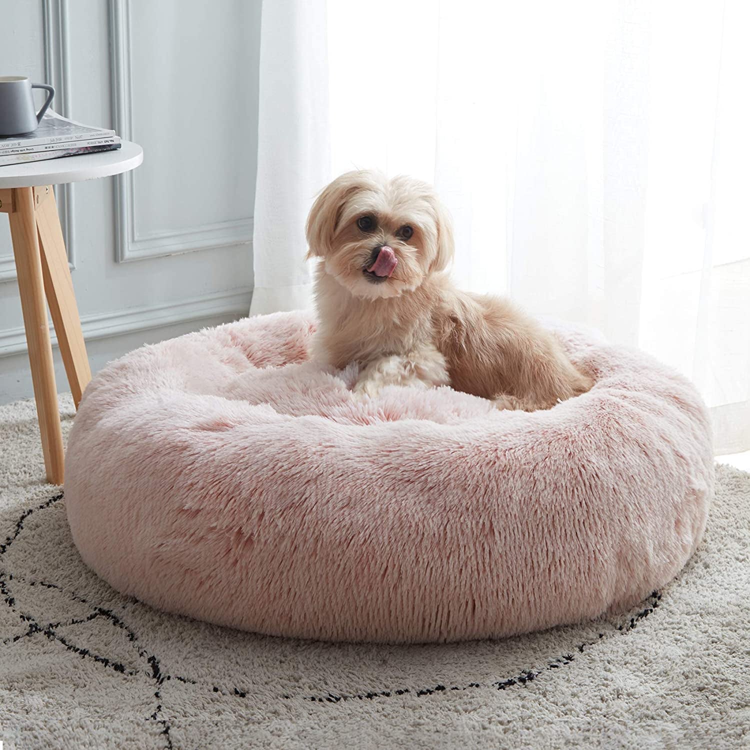 Calming Anti-Anxiety Donut Dog & Cat Bed, Warming Cozy Soft round Cushion, Fluffy Faux Fur Plush Cuddler for Small Medium Dogs and Cats