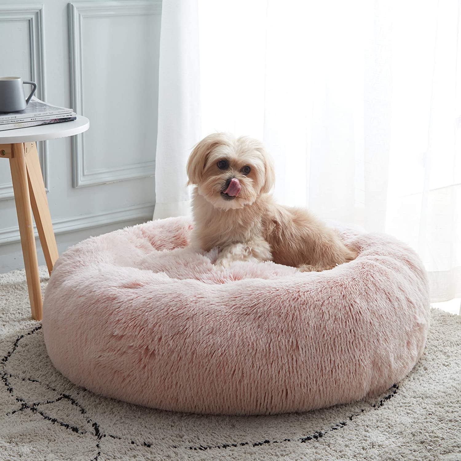 Calming Anti-Anxiety Donut Dog & Cat Bed, Warming Cozy Soft round Cushion, Fluffy Faux Fur Plush Cuddler for Small Medium Dogs and Cats