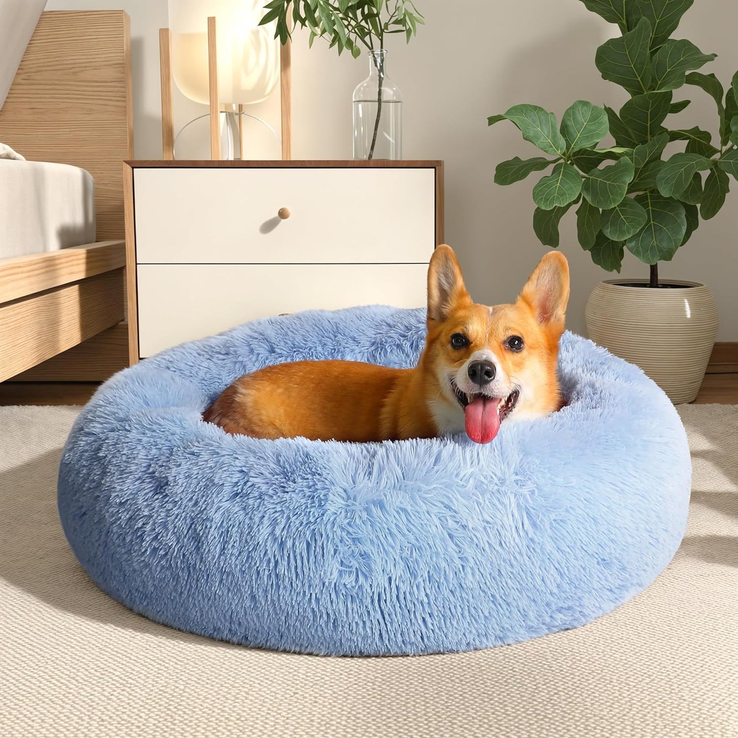 Calming Anti-Anxiety Donut Dog & Cat Bed, Warming Cozy Soft round Cushion, Fluffy Faux Fur Plush Cuddler for Small Medium Dogs and Cats