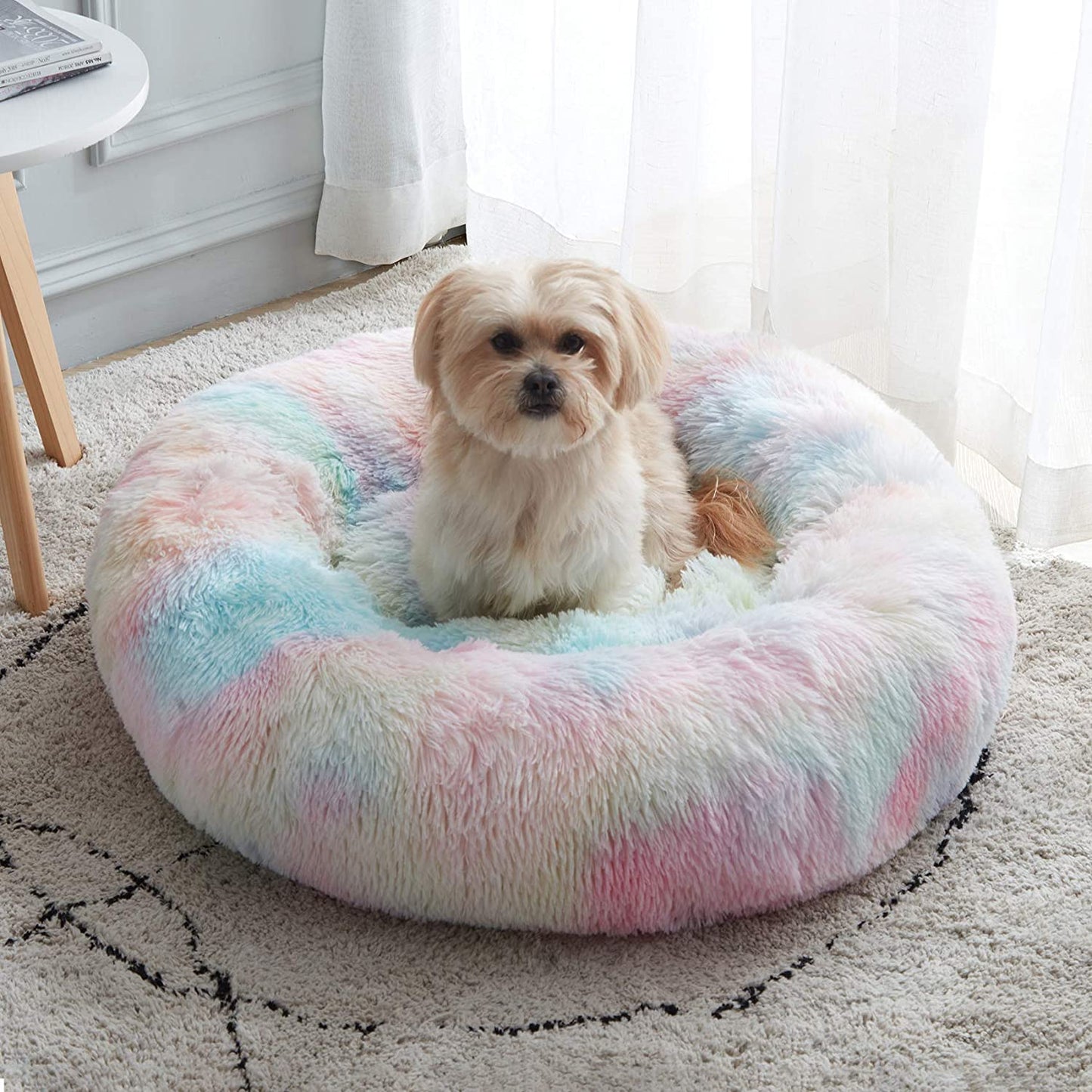 Calming Anti-Anxiety Donut Dog & Cat Bed, Warming Cozy Soft round Cushion, Fluffy Faux Fur Plush Cuddler for Small Medium Dogs and Cats