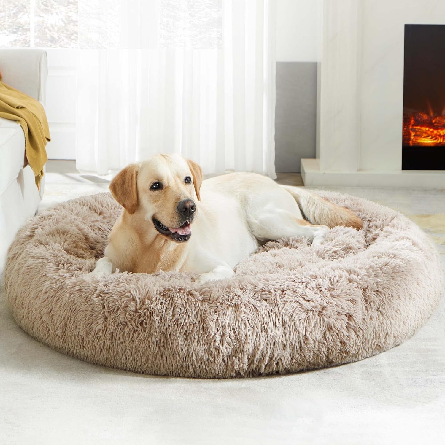 Calming Anti-Anxiety Donut Dog & Cat Bed, Warming Cozy Soft round Cushion, Fluffy Faux Fur Plush Cuddler for Small Medium Dogs and Cats