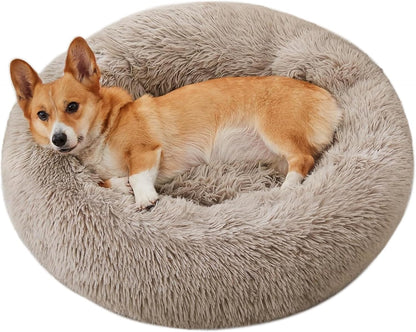 Calming Anti-Anxiety Donut Dog & Cat Bed, Warming Cozy Soft round Cushion, Fluffy Faux Fur Plush Cuddler for Small Medium Dogs and Cats
