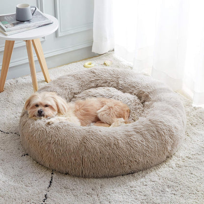 Calming Anti-Anxiety Donut Dog & Cat Bed, Warming Cozy Soft round Cushion, Fluffy Faux Fur Plush Cuddler for Small Medium Dogs and Cats